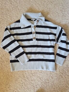 Light Gray and Black Striped Shawl-Collar V‑Neck Sweater